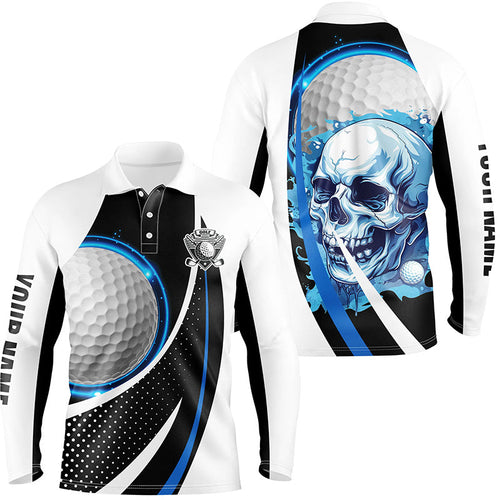 Black and white Golf Skull Mens golf polo shirt custom golf attire for men, gifts for golfer | Blue NQS7484