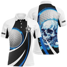 Load image into Gallery viewer, Black and white Golf Skull Mens golf polo shirt custom golf attire for men, gifts for golfer | Blue NQS7484