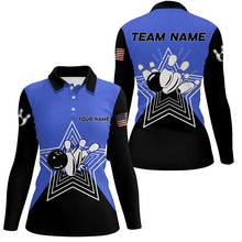 Load image into Gallery viewer, Blue and Black retro bowling ball pins star custom Women&#39;s bowling Polo, Quarter Zip shirt team jersey NQS7830