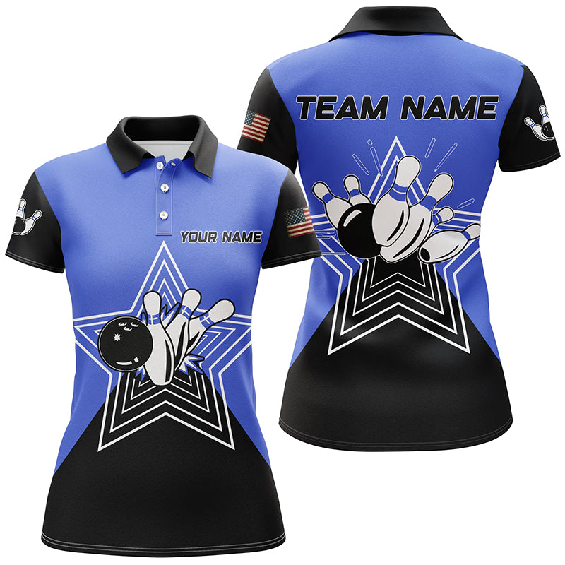 Blue and Black retro bowling ball pins star custom Women's bowling Polo, Quarter Zip shirt team jersey NQS7830