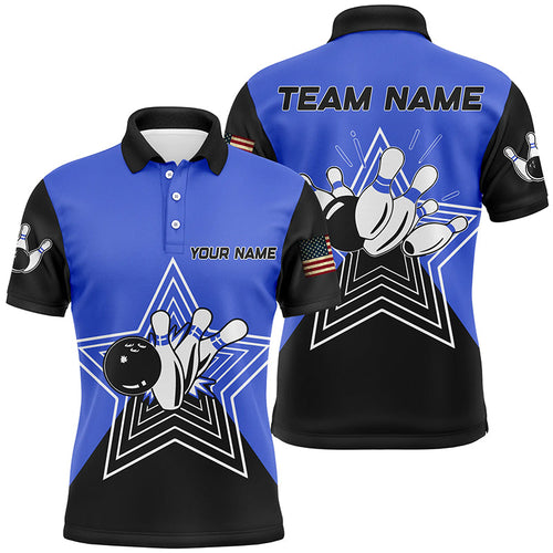 Blue and Black retro bowling ball pins star custom Men's bowling Polo, Quarter Zip shirts team jerseys NQS7830