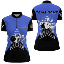 Load image into Gallery viewer, Blue and Black retro bowling ball pins star custom Women&#39;s bowling Polo, Quarter Zip shirt team jersey NQS7830