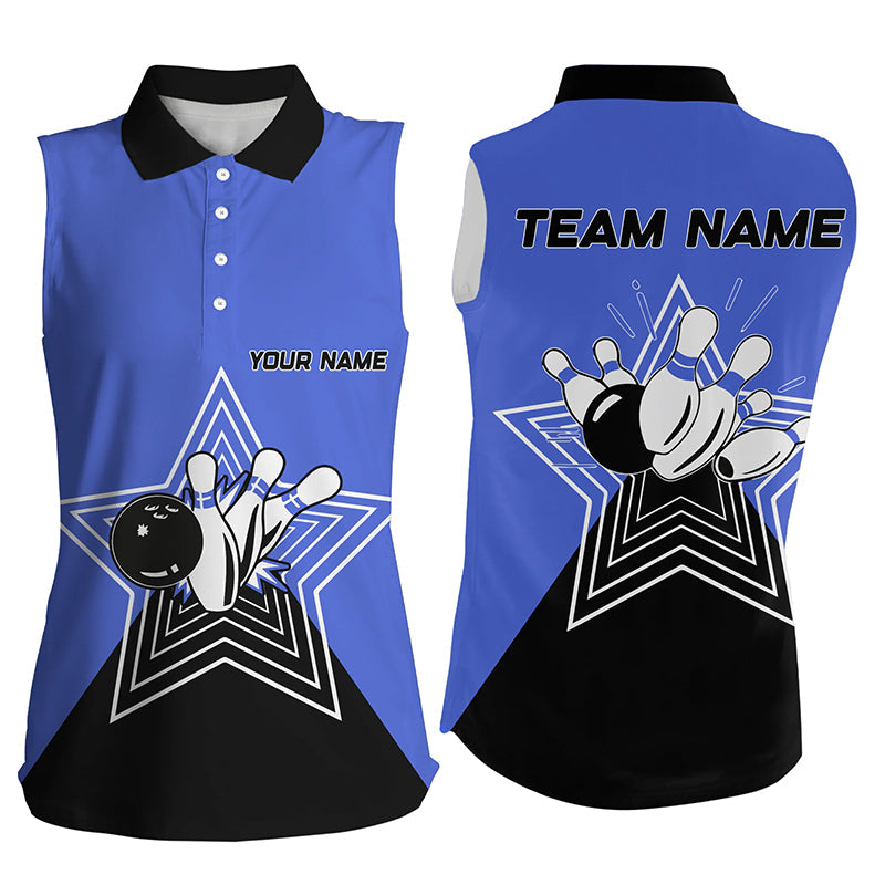 Blue and Black retro bowling ball pins star custom Women's bowling sleeveless polo shirt team jerseys NQS7830