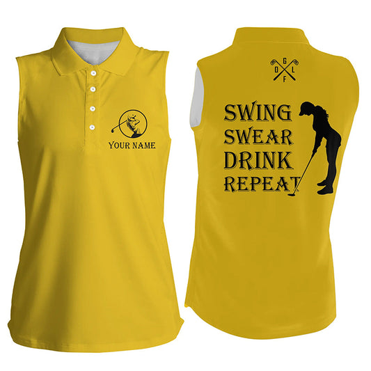 Funny Womens sleeveless polo shirt custom swing swear drink repeat, team golf shirts ladies | Yellow NQS8060