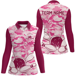 Pink Camo Bowling Polo, 1/4 Zip Shirts For Women Custom Bowling Team League Jerseys, Gift For Bowlers NQS8474