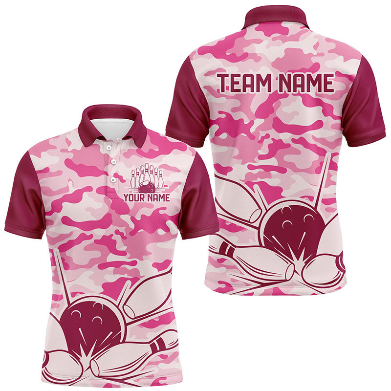 Pink Camo Bowling Polo, 1/4 Zip Shirts For Men Custom Bowling Team League Jerseys, Gift For Bowlers NQS8474