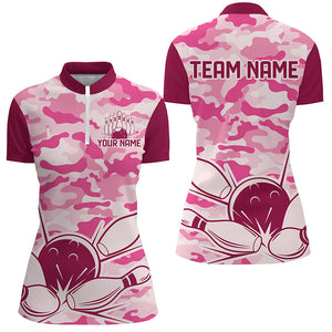 Pink Camo Bowling Polo, 1/4 Zip Shirts For Women Custom Bowling Team League Jerseys, Gift For Bowlers NQS8474