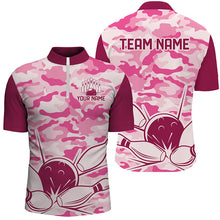 Load image into Gallery viewer, Pink Camo Bowling Polo, 1/4 Zip Shirts For Men Custom Bowling Team League Jerseys, Gift For Bowlers NQS8474