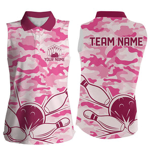 Pink Camo Bowling Sleeveless Polo Shirts For Women Custom Bowling Team League Jersey, Gift For Bowlers NQS8474