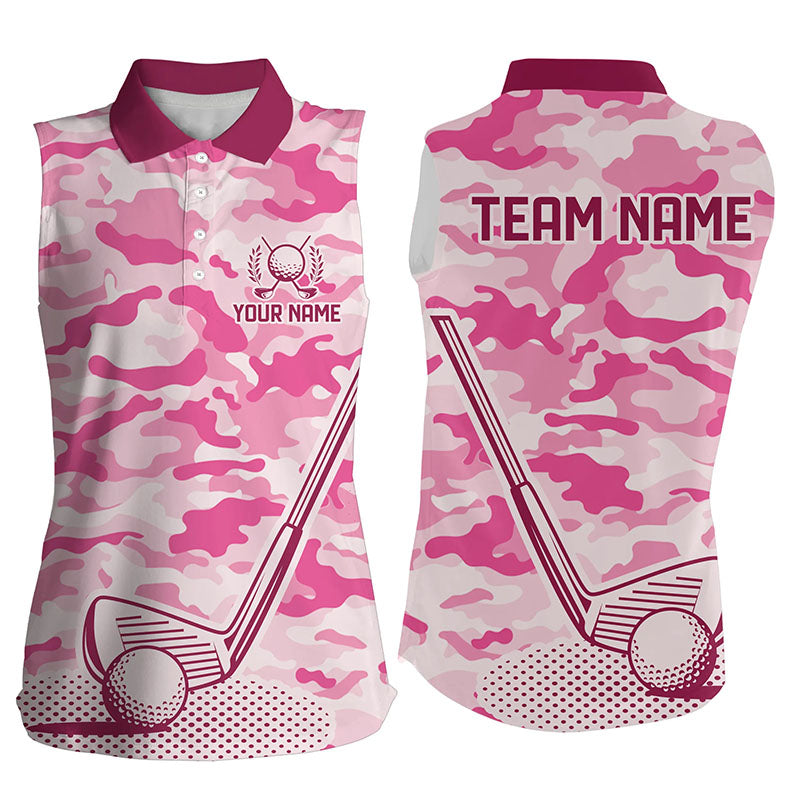 Pink Camo Women Sleeveless polo shirt custom golf outfit for ladies, team golf shirt NQS8475