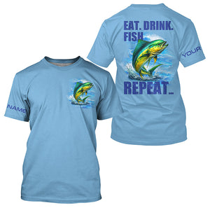 Mahi mahi (Dorado) Fishing Custom Long Sleeve Performance Fishing shirts Eat Drink Fish Repeat | Blue NQS6610