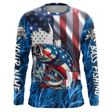 Load image into Gallery viewer, American flag patriot Largemouth Bass blue camo fishing, custom mens long sleeve sun protection shirts NQS4361