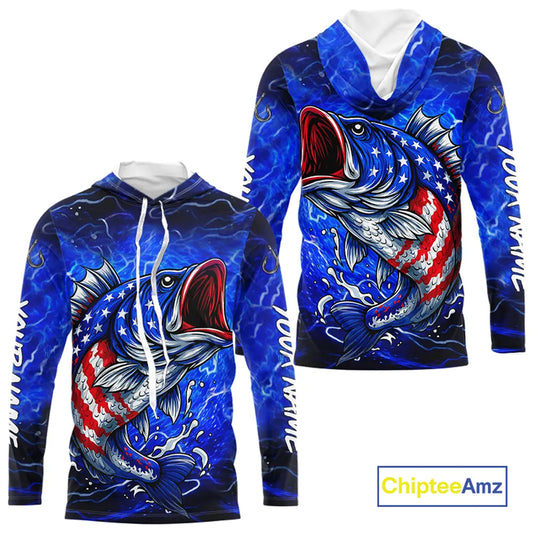 American Flag Largemouth Bass Fishing Custom patriotic Bass performance fishing apparel | Blue NQS11060