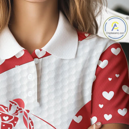 Personalized Red Hearts pattern golf white Womens golf polo shirts custom name Valentine golf gifts NQS11259