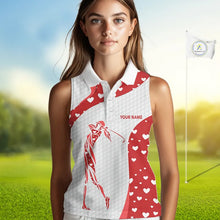Load image into Gallery viewer, Personalized Red Hearts pattern golf white Sleeveless Golf Polo Shirt custom Valentine golf gifts NQS11259