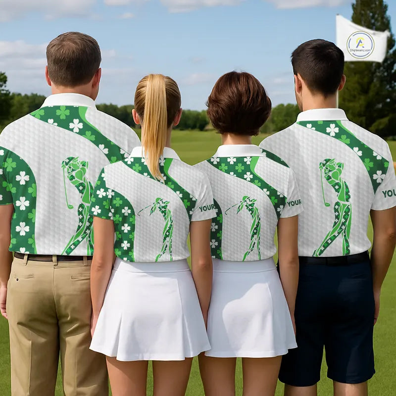 Personalized Green shamrock matching golf polo shirts for couples custom St Patrick's Day golf gifts NQS11260