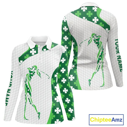 Personalized Green shamrock pattern golf white Women golf polo shirt custom St Patrick Day golf gift NQS11260