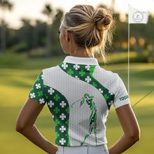 Load image into Gallery viewer, Personalized Green shamrock pattern golf white Women golf polo shirt custom St Patrick Day golf gift NQS11260