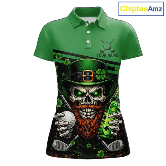 Green St Patrick Skull Golf and Beer Polo Golf shirts for Women Custom Team Ladies Golf attire NQS11475