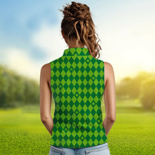 Load image into Gallery viewer, Personalized Green argyle pattern Women sleeveless polo shirt Custom St Patrick day golf top for women NQS9545