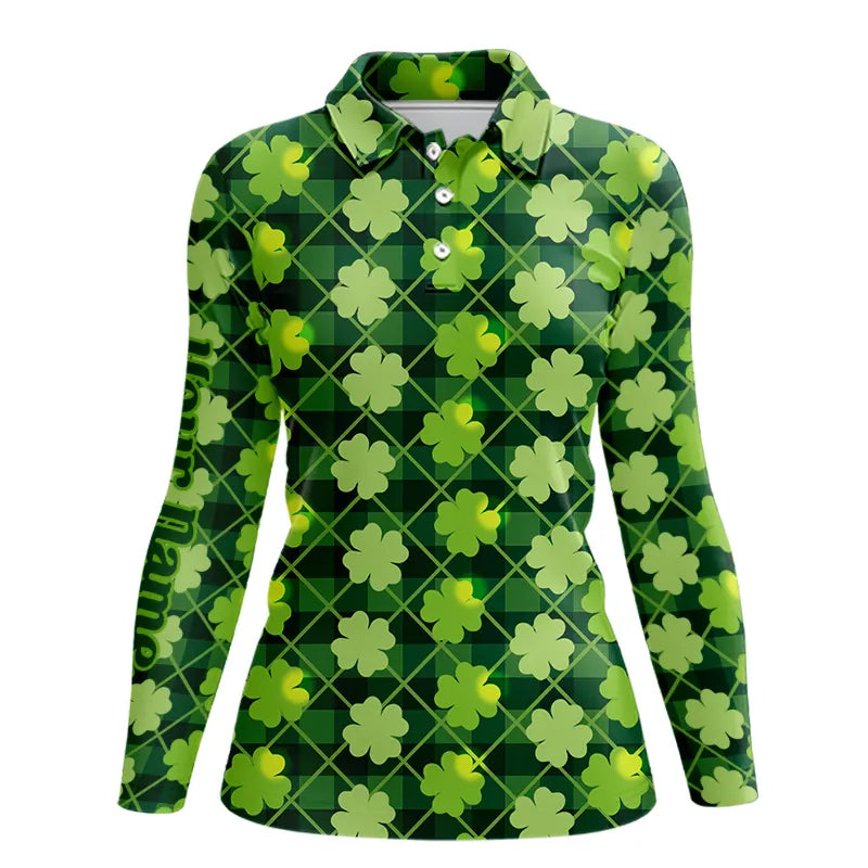 Personalized Green argyle shamrock pattern Women golf polo shirt Custom St Patrick day women golf tops NQS9546