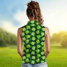 Load image into Gallery viewer, Green argyle shamrock pattern Women sleeveless polo shirt Custom St Patrick day women golf tops NQS9546