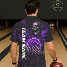 Load image into Gallery viewer, Personalized Skull Bowling Hawaiian Shirt Custom Team's Name Black and Purple Flame Bowler Jerseys NQS11659