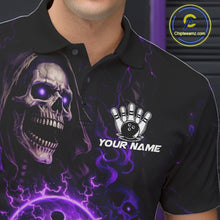Load image into Gallery viewer, Personalized Skull Bowling Shirt For Men Custom Team's Name Black and Purple Flame Bowler Jerseys NQS11659