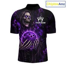 Load image into Gallery viewer, Personalized Skull Bowling Shirt For Men Custom Team's Name Black and Purple Flame Bowler Jerseys NQS11659