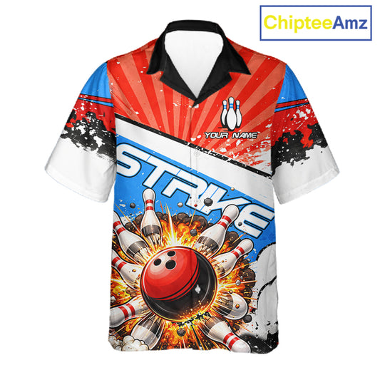 Funny Bowling Boom Strike Bowling Hawaiian Shirt Custom Red, White & Blue retro Team Bowling Jerseys NQS11661