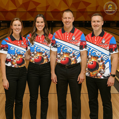 Funny Bowling Boom Strike Bowling Shirt For Women Custom Red, White & Blue retro Team Bowling Jerseys NQS11661