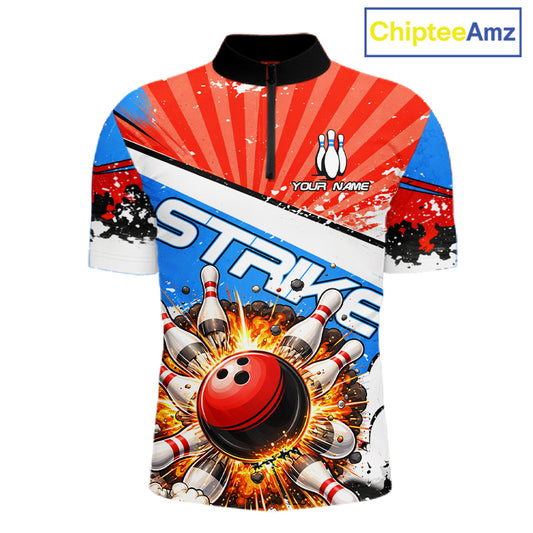 Funny Bowling Boom Strike Bowling Shirt For Men Custom Red, White and Blue retro Team Bowling Jerseys NQS11661