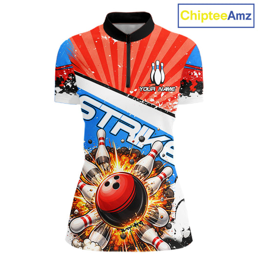 Funny Bowling Boom Strike Bowling Shirt For Women Custom Red, White & Blue retro Team Bowling Jerseys NQS11661