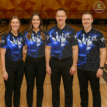 Load image into Gallery viewer, Black and Blue Camo Bowling Polo, 1/4 Zip Shirts For Women Custom Bowling Team Jersey, Bowler Outfit NQS11750