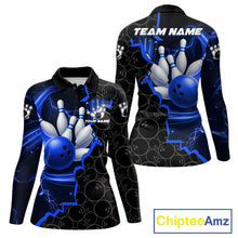 Load image into Gallery viewer, Black and Blue Camo Bowling Polo, 1/4 Zip Shirts For Women Custom Bowling Team Jersey, Bowler Outfit NQS11750