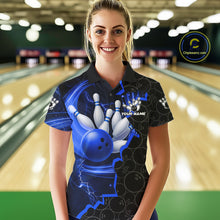 Load image into Gallery viewer, Black and Blue Camo Bowling Polo, 1/4 Zip Shirts For Women Custom Bowling Team Jersey, Bowler Outfit NQS11750