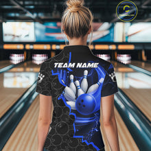 Load image into Gallery viewer, Black and Blue Camo Bowling Polo, 1/4 Zip Shirts For Women Custom Bowling Team Jersey, Bowler Outfit NQS11750