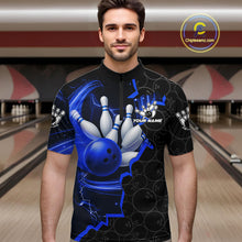 Load image into Gallery viewer, Black and Blue Camo Bowling Polo, 1/4 Zip Shirts For Men Custom Bowling Team Jersey, Bowler Outfit NQS11750