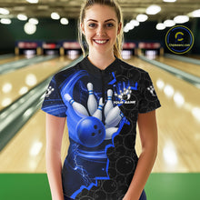 Load image into Gallery viewer, Black and Blue Camo Bowling Polo, 1/4 Zip Shirts For Women Custom Bowling Team Jersey, Bowler Outfit NQS11750