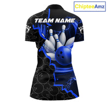 Load image into Gallery viewer, Black and Blue Camo Bowling Polo, 1/4 Zip Shirts For Women Custom Bowling Team Jersey, Bowler Outfit NQS11750