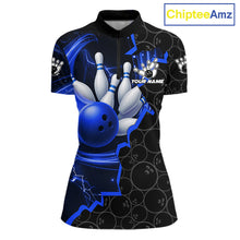 Load image into Gallery viewer, Black and Blue Camo Bowling Polo, 1/4 Zip Shirts For Women Custom Bowling Team Jersey, Bowler Outfit NQS11750