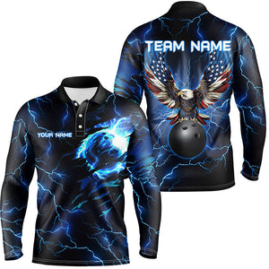 Blue lightning thunder bowling American flag Eagle custom Men Bowling Polo Shirts, team bowler jerseys NQS7489