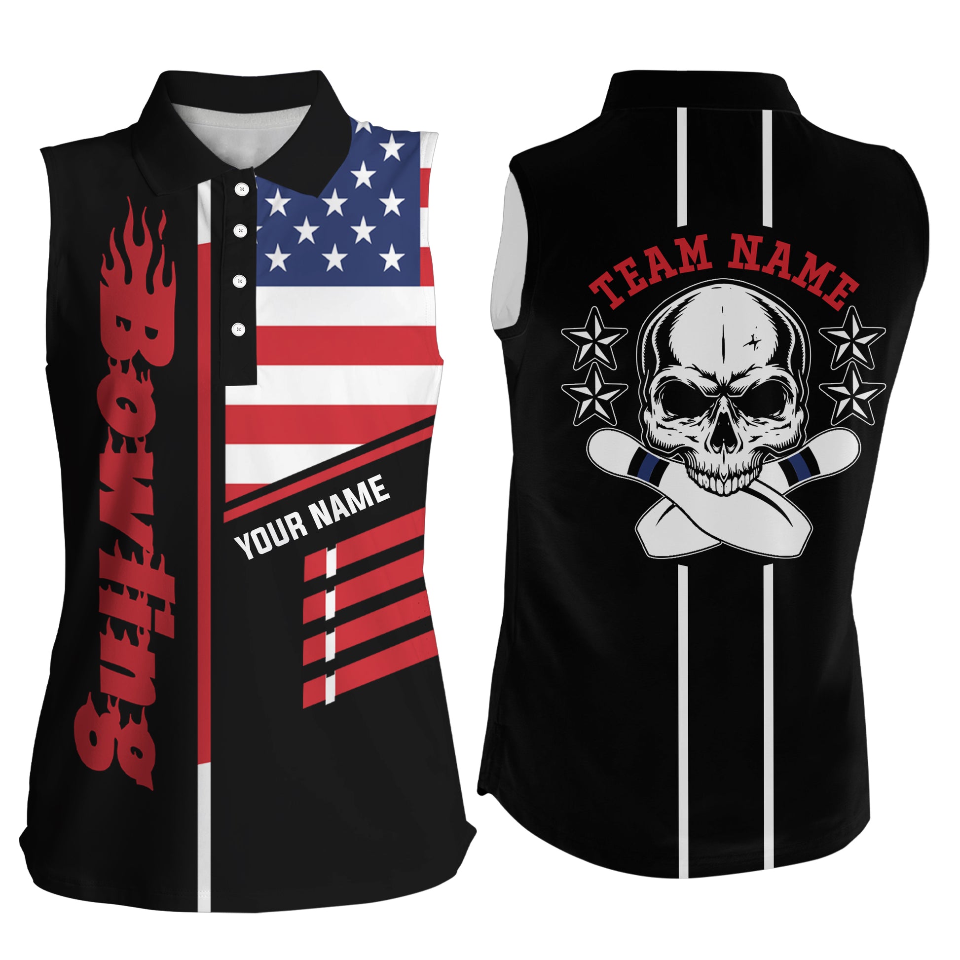 Custom sleeveless bowling shirt for women – personalized team jersey front view