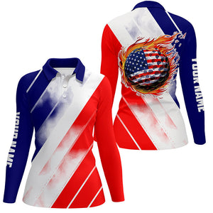 Womens golf polo shirt custom red white and blue American flag golf ball fire, patriotic golf gifts NQS7841