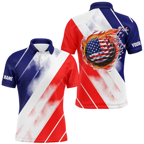 Mens golf polos shirts custom red white and blue American flag golf ball fire, patriotic golf gifts NQS7841