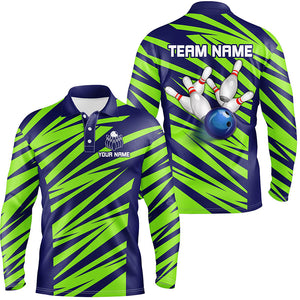 Blue And Green Strike Bowling Polo, Quarter Zip Shirts For Men, Custom Name Bowling Team Jerseys NQS7844