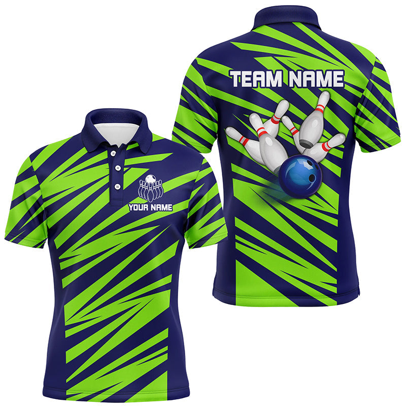 Blue And Green Strike Bowling Polo, Quarter Zip Shirts For Men, Custom Name Bowling Team Jerseys NQS7844