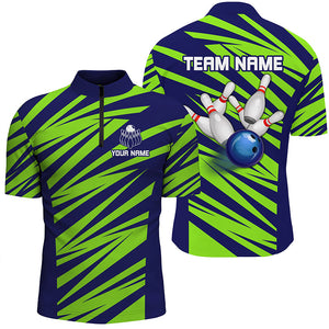 Blue And Green Strike Bowling Polo, Quarter Zip Shirts For Men, Custom Name Bowling Team Jerseys NQS7844