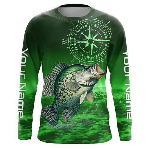 Personalized Crappie Green Long Sleeve Performance Fishing Shirts, Crappie compass tournament Shirts NQS5950