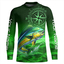 Load image into Gallery viewer, Personalized Mahi mahi Green Long Sleeve Performance Fishing Shirts, Dorado compass tournament Shirts NQS5951